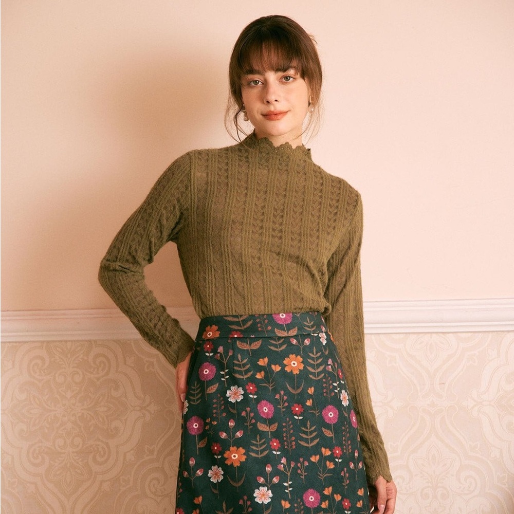 RIHOAS Green Semi-sheer Turtleneck Sweater Top